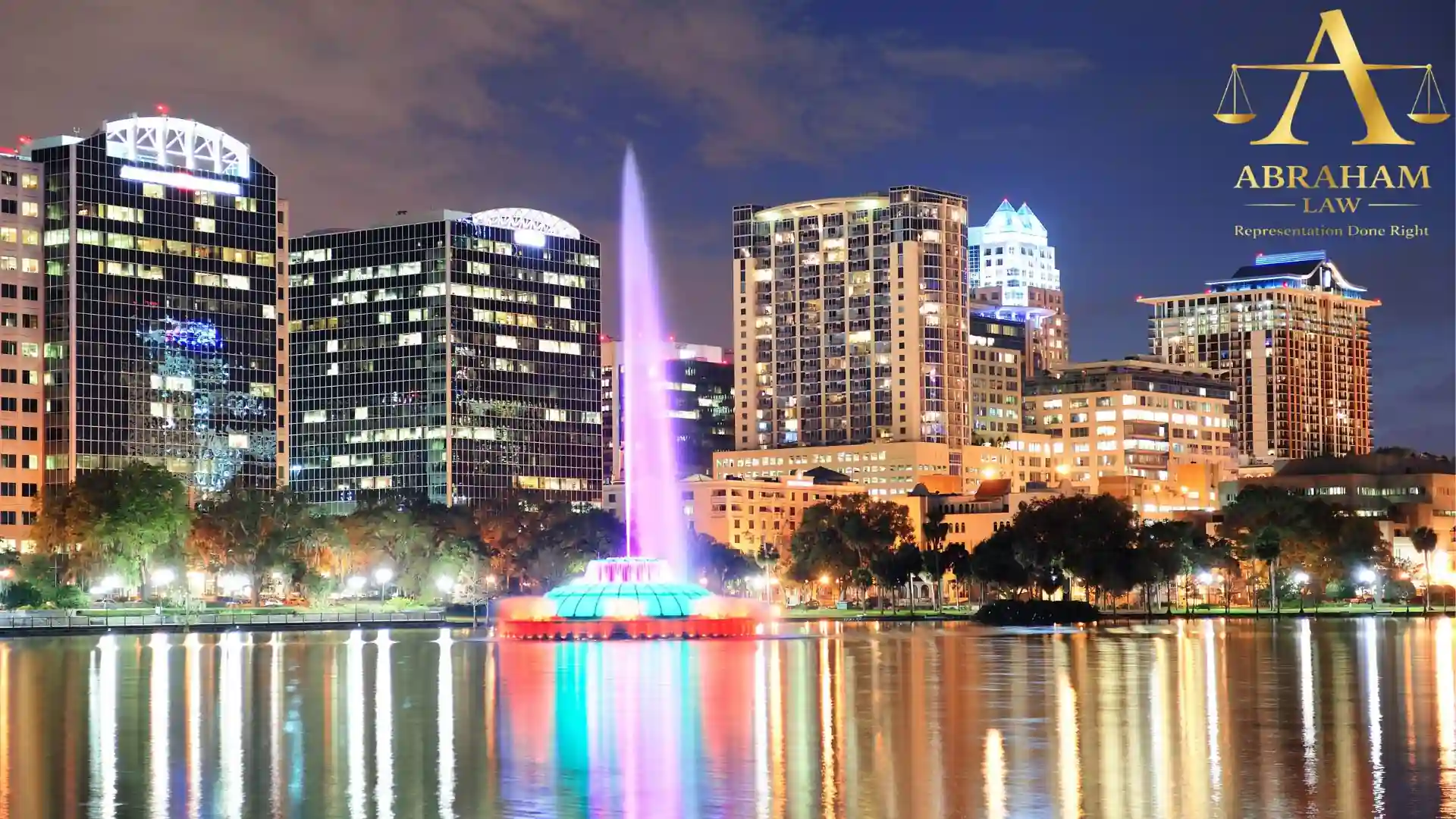 Night view of orlando skyline with fountain